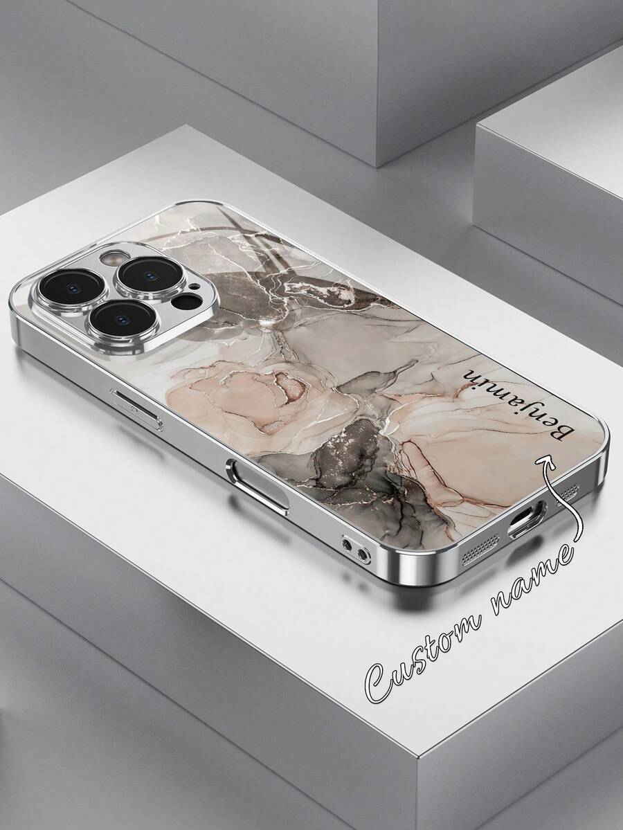 可爱简约大理石纹定制手机壳，1个装，可定制姓名，多纹理镀金大理石纹玻璃手机壳，兼容苹果17 Pro Max/16 Pro Max/15 Pro/14 Plus/13 Pro/12 Pro Max/11/XS Max/8/7/6 Plus，三星Galaxy S24 Ultra/S25 Ultra，时尚、多彩、可爱、趣味、简约，母亲节、父亲节手机壳、手机保护套、手机配件、定制手机壳周年纪念礼物 - 彩色 - 查看 1