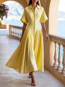 Notch Collar Button Front Maxi Dress Short Sleeves High Waist Pleated Shirt Dresses For Women - 黃色 - 查看 1