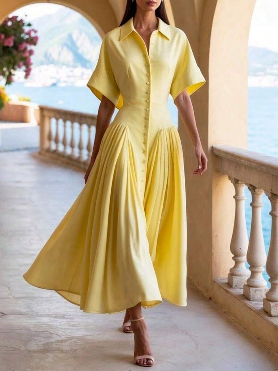 Notch Collar Button Front Maxi Dress Short Sleeves High Waist Pleated Shirt Dresses For Women - 黃色 - 查看 1