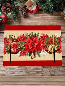 1/2/4pcs Christmas Theme Placemats, Christmas Wreath Placemats With Red Floral, Bell, Christmas Ball Patterns, Polyester Placemats, 30x45CM, Suitable For Christmas Holiday Table Decor, Christmas Party Supplies - Multicolor - View 1