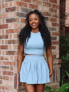 Steph T 2pcs Women Solid Color Tank Top And Pleated Skirt Set White Soft Relaxed Fit Elegant Summer Vacation Beach Warm Women - Baby Blue - View 2
