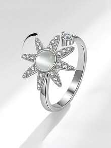 1 szt. obrotowy pierścionek z kryształkami górskimi z królikiem, minimalistyczny, modny, otwarty pierścionek z kwiatowym wzorem, obrotowy pierścionek z amuletem, luksusowy, prosty pierścionek z obrączką, modny pierścionek z cyrkoniami dla kobiet, obrotowy pierścionek z płatkiem śniegu, europejski i amerykański heksagram, otwarty pierścionek z kamieniem księżycowym, obrotowy pierścionek