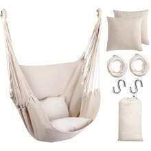 Hammock Chair Hanging Hammock Chair Rope Swing 2 Cushions Included-Sturdy & Durable Soft Cotton Hand Woven Hammock Swing For Bedroom, Porch, Patio-Indoor/Outdoor - Beige - View 1