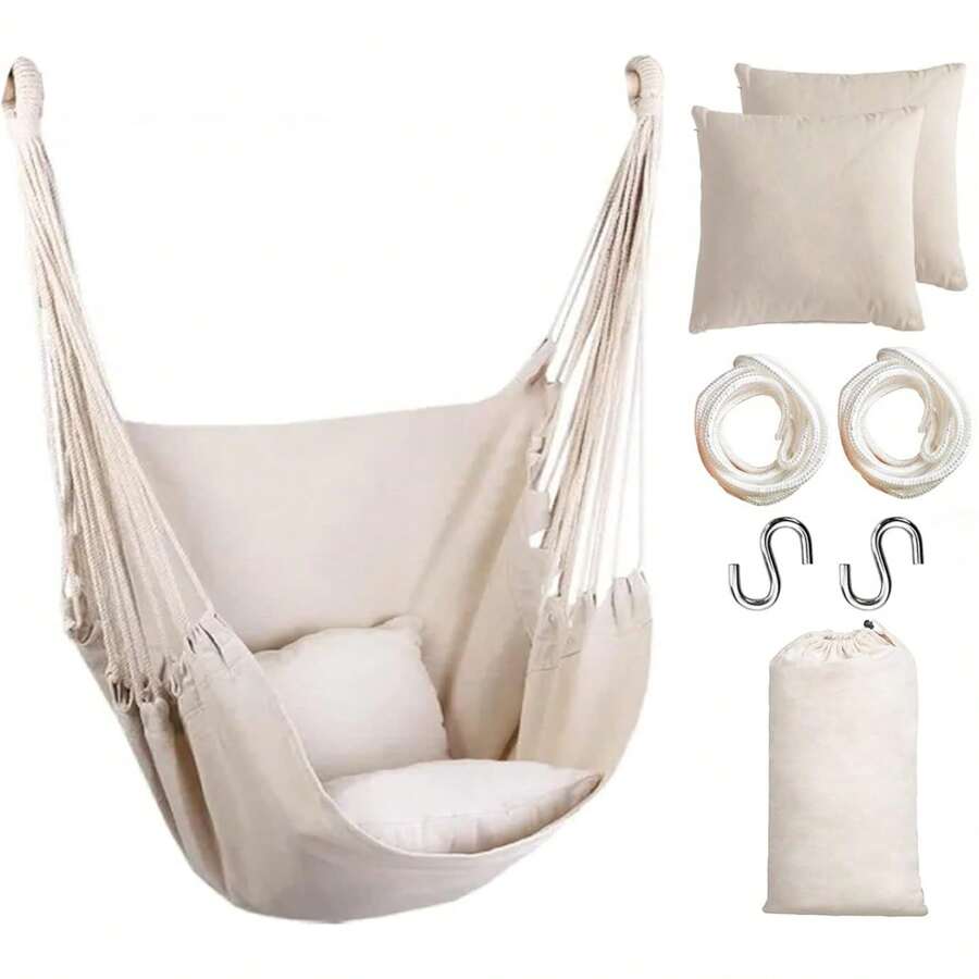 Hammock Chair Hanging Hammock Chair Rope Swing 2 Cushions Included-Sturdy & Durable Soft Cotton Hand Woven Hammock Swing For Bedroom, Porch, Patio-Indoor/Outdoor - Beige - View 1