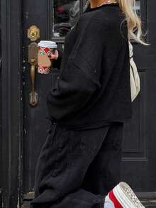 Women Y2k Crew Neck Cardigan Sweater Long Sleeve Button Down Solid Color Top Fall Casual Vintage Lightweight Knitwear - màu đen - Xem 6