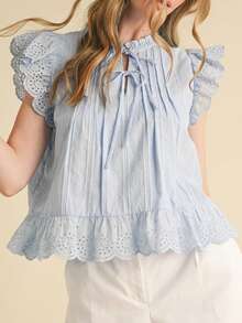 Women Flutter Sleeve Eyelet Shirt Casual Boho Crew Neck Peplum Blouse Tops Summer Y2k Babydoll Tank Top - 藍色 - 查看 1