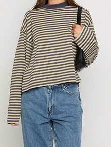 Women Oversized Striped Color Block Long Sleeve Crew Neck Sweatshirt Casual Loose Pullover Y2K Shirt Top - 芥末黃 - 查看 1