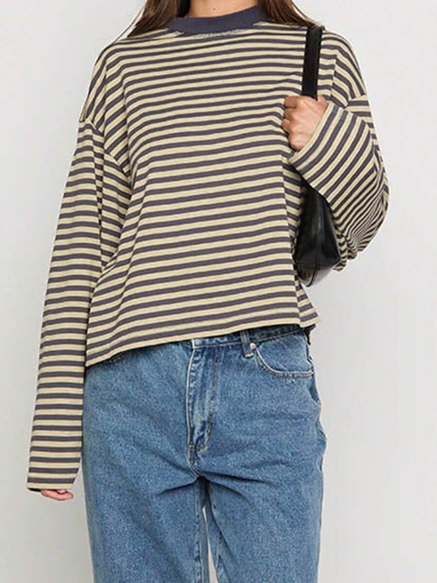 Women Oversized Striped Color Block Long Sleeve Crew Neck Sweatshirt Casual Loose Pullover Y2K Shirt Top - 芥末黃 - 查看 1