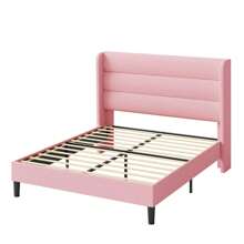 Allewie Full/Queen/King Size Platform Bed Frame With Velvet Upholstered Wingback Headboard, No Box Spring Needed, Under Bed Storage Space, Strong Wooden Slats, Modern Mattress Foundation, Easy Assembly, Pink