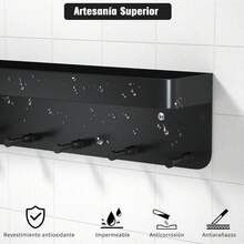 Porta Llaves para Pared, Estante de Pared Multiusos con Caja de Diverso y 6 Ganchos, Colgador Llaves, Organizador de Cocina para Autoadhesivo, Apto para Salón, Cocina, Baño, Oficina (Negro) - 1 - Ver 5
