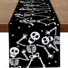 1/25pcs Halloween Themed Skull Black Table Runner, Kitchen Dining Table Decor, Fun Holiday Indoor Outdoor Home Decoration Party Supplies, Halloween Party Favors, Holiday Gifts, Room Decor, Tabletop Decor