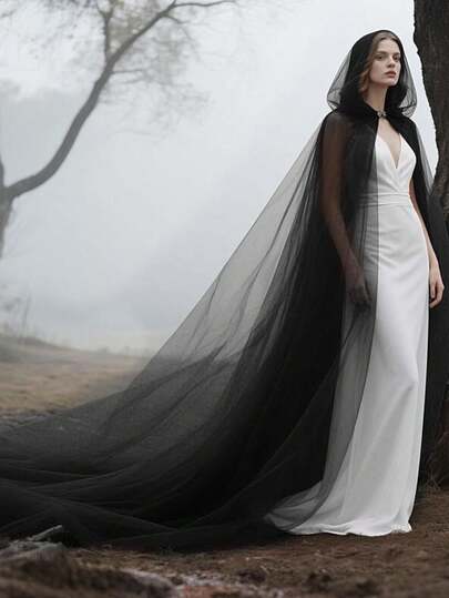 女士长拖尾透明连帽斗篷，带兜帽的精灵斗篷，适合万圣节、婚礼、角色扮演，黑/白/红色新娘超长柔软网眼斗篷，万圣节女巫吸血鬼角色扮演斗篷秋季女士服装