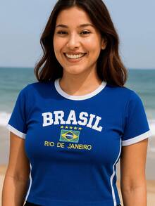 Women's Brazil Y2K Shirt – Long Baby Look - Xanh đậm - Xem 5