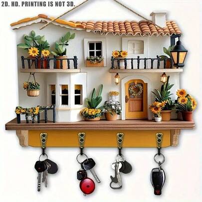 2D Flat - 1pc Cute Flat Printed Villa - Wood - Wooden Multifunctional Home Hooks - Key Holder With 4 Metal Hooks - Wall Decor, Porch Decor, Room Decor, Villa Decor, All Season Home Decor, 2D Flat
