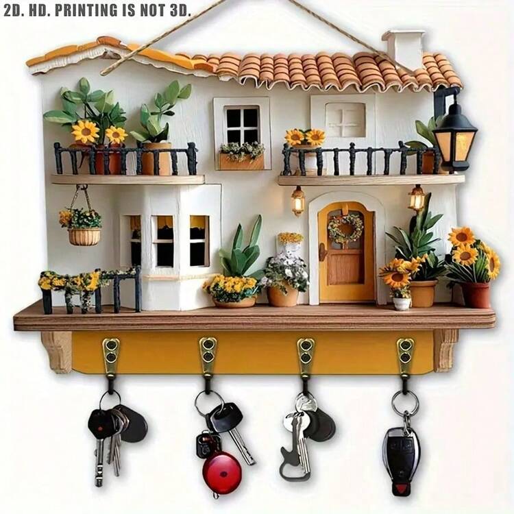 2D Flat - 1pc Cute Flat Printed Villa - Wood - Wooden Multifunctional Home Hooks - Key Holder With 4 Metal Hooks - Wall Decor, Porch Decor, Room Decor, Villa Decor, All Season Home Decor, 2D Flat - Multicolor - View 3