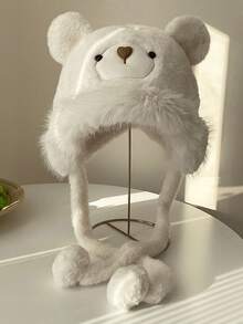 Neues koreanisches Plüschmützen- und Schalmützen-Set, thermisch gefütterter Ohrenwärmer, lässiges süßes Tiermotiv, Polyester, geeignet für Herbst-/Winteroutfits, flauschig