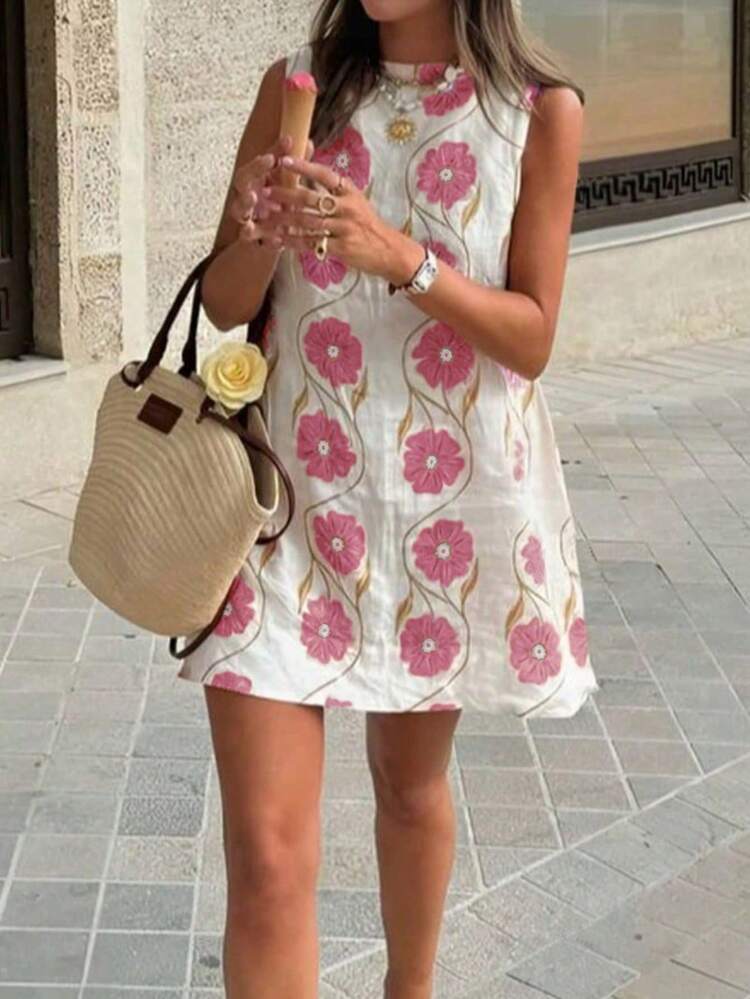 女式无袖花卉背心裙圆领沙滩束腰外衣 A 字裙夏季沙滩装 - 玫紅色 - 查看 3