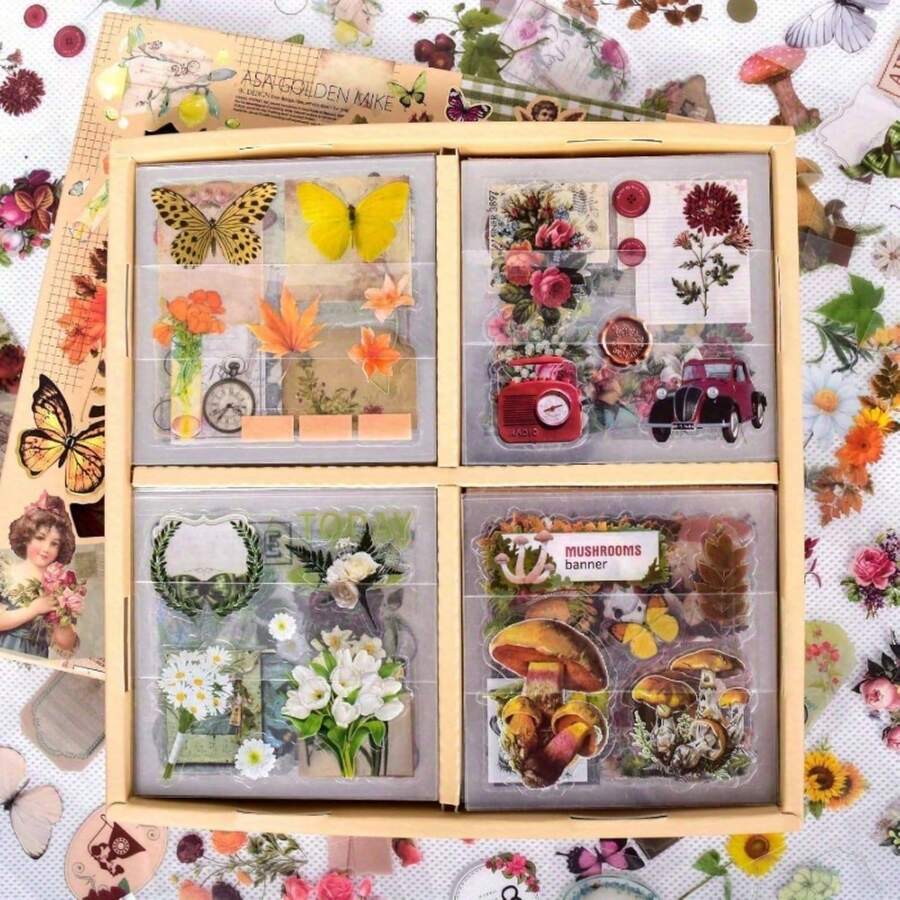 510pcs Plants Floral Scrapbook Stickers Kit Vintage Flowers Butterfly Mushroom Fall Maple Leaves Transparent Waterproof Stickers Set For Scrapbooking Supplies Aesthetic Junk JournalCraft - Màu vàng - Xem 1