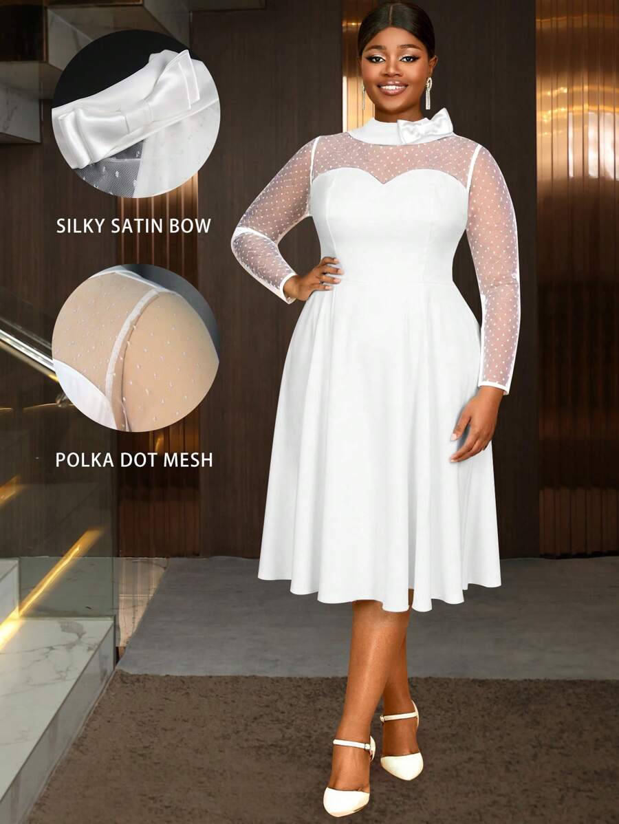 加大码丝滑缎面蝴蝶结高领波尔卡圆点网眼心形拼接缎面 A 字裙，全白派对装女士 - 白色 - 查看 1