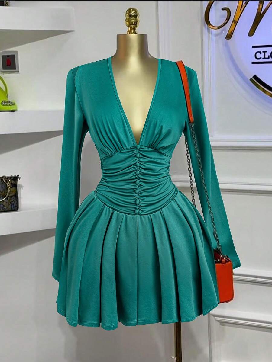 Women's Elegant Party Ruched Fitted Long Sleeve Dress, Spring/Autumn - Green - View 1