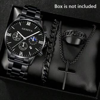 Men's 4pcs Fashion Set: Quartz Watch With Calendar, Silvery Cross Pendant Necklace & Ring Bracelet - Zinc Alloy Band, Non-Waterproof, Analog Display