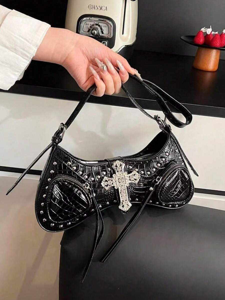Fashionable Classic Versatile Street Style Y2k Rivet Inlaid Design Spicy Girl Bag, Zipper Opening Motorcycle Style Single Shoulder Baguette Bag, Suitable For Travel, Shopping, Matching With Clothing, Party And Party Use - Black - View 1