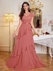 MIUSOL Sequin Floral Lace V-Neck Cap Sleeve Ruffle Trim Layered Hem Chiffon Evening Party Maxi Dress - Dusty Pink - View 7