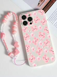 1 件白色 TPU 卡通猪蝴蝶结印花防震全覆盖手机壳和 1 件粉色心形串珠腕带，兼容 Apple/Android///OPPO 手机 - 彩色 - 查看 1