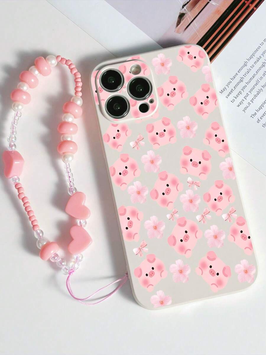 1 件白色 TPU 卡通猪蝴蝶结印花防震全覆盖手机壳和 1 件粉色心形串珠腕带，兼容 Apple/Android///OPPO 手机 - 彩色 - 查看 1