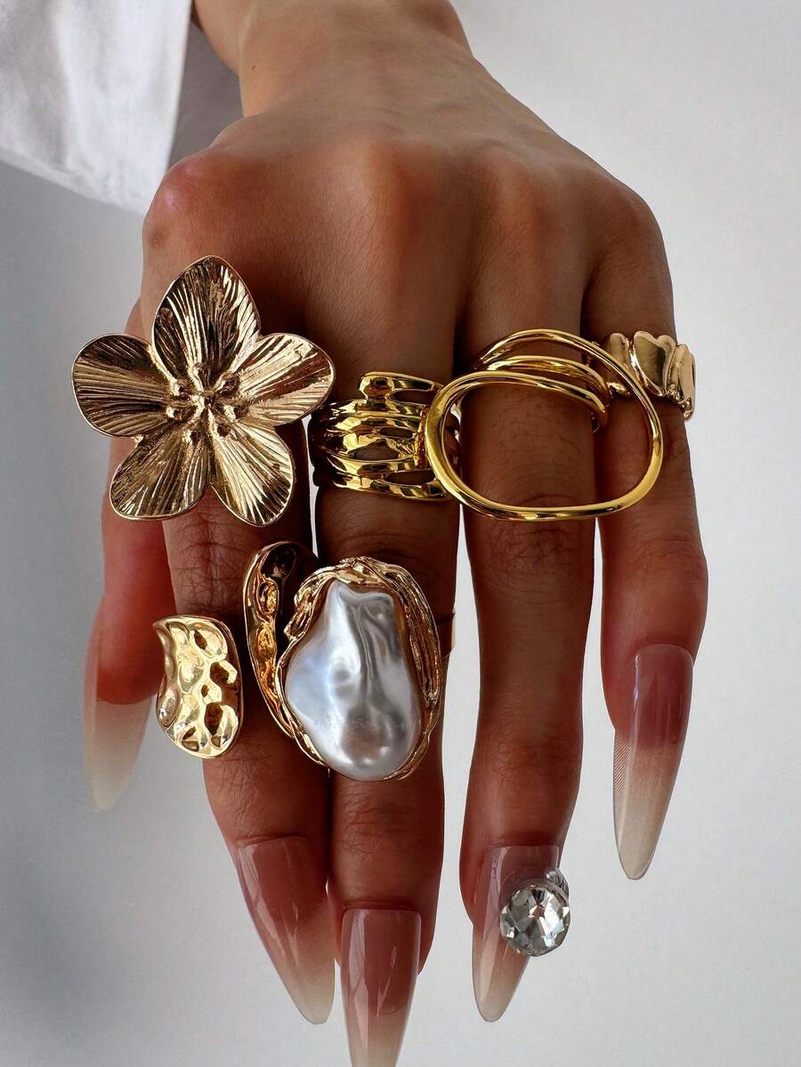 Set 6 Buah Cincin Paduan Emas Asimetris Mewah, Berkilau, Unik, Kreatif, dan Bergaya Vintage untuk Wanita, Cocok untuk Sehari-hari, Pesta, Liburan, dan Perjalanan. - MultiWarna - View 1