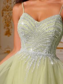 VIPGIRL 浅绿色亮片吊带薄纱礼服，开衩设计，优雅A字型及地公主风舞会礼服，适合选美比赛、伴娘、晚宴、婚礼和其他正式场合。 - 青檸色 - 查看 10