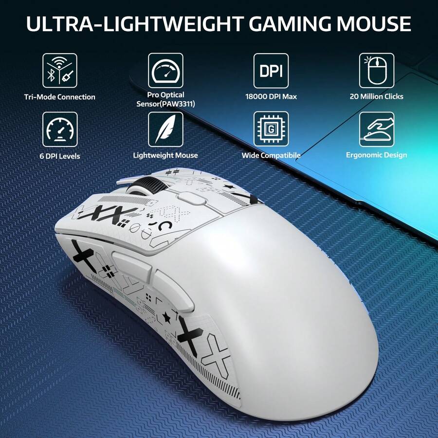 ATTACK SHARK R1 Wireless Gaming Mouse 55g, 18000 DPI Optical Sensor, Tri-Mode Connection (2.4G/BT5.2/Cable), Ergonomic Design, 20 Million Clicks, For PC/Notebook/Win - 白色+貼紙 - 查看 1