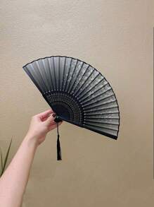 1 件古董折叠竹扇，中式折叠扇，舞蹈扇饰有黑色蝴蝶流苏花卉图案，传统舞蹈扇，手工扇优雅