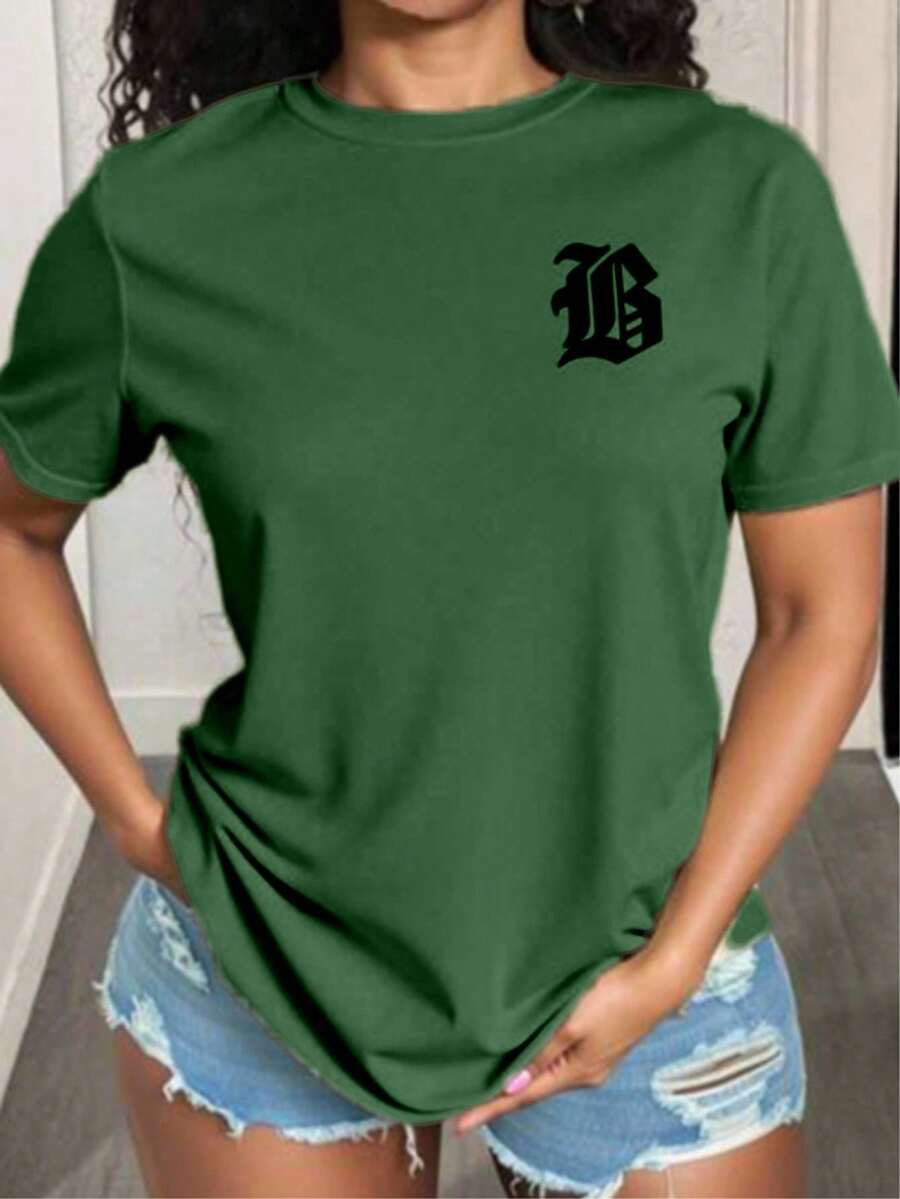 Playera básica mujer dama cuello redondo manga corta estampado de letras LB gotico Camisetas gráficas de manga corta de ajuste casual y delgado para mujeres casual algodón Textura Suave Fortiz - Verde - Ver 1