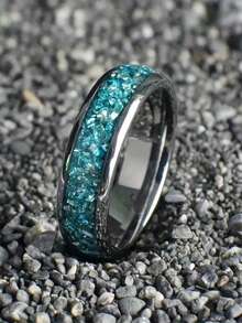 8mm Elegant Titanium Steel Couple Rings, Suitable For Women, Blue-Green Floral Inlay, Minimalist Design - Perfect For Proposal, Casual Wear And Gifts - Multicolor - View 2