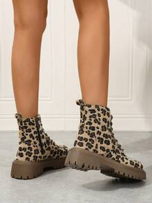 Women's Flat Non-Slip Lace-Up Fashionable Leopard Print Ankle Boots, Autumn/Winter