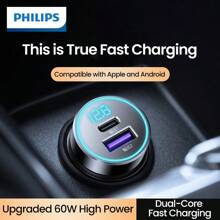 PHILIPS 飞利浦车载充电器，2 件装 60W 最大快速充电双端口 USB 适配器，适用于 15/15 Pro Max、14/13/12 系列、Galaxy S23/22、Pixel