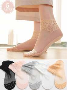 5 Pairs/Set Women's Mesh Breathable Lace Short Socks With Ruffle Trim In Black, White, Grey, Skin Color, Pink For Spring And Summer - Multicolor - View 10