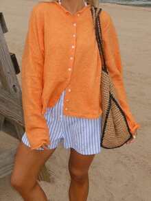 Women Y2k Crew Neck Cardigan Sweater Long Sleeve Button Down Solid Color Top Fall Casual Vintage Lightweight Knitwear - trái cam - Xem 1