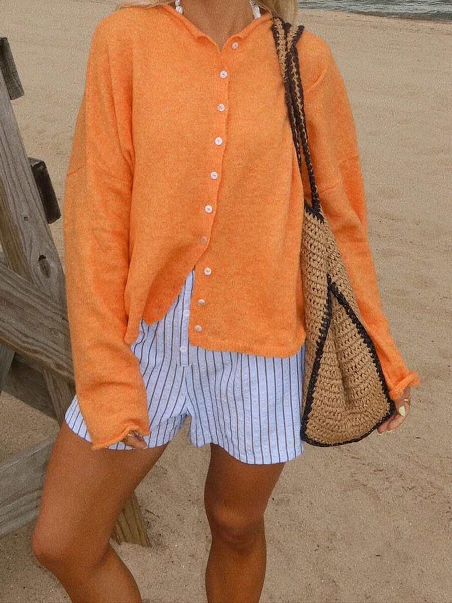 Women Y2k Crew Neck Cardigan Sweater Long Sleeve Button Down Solid Color Top Fall Casual Vintage Lightweight Knitwear - trái cam - Xem 1