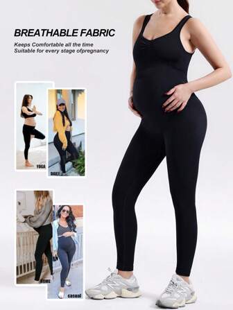 Naadloze geribbelde jumpsuit in effen kleur voor zwangere vrouwen, geschikt voor yoga, training, fitness en dagelijks gebruik.