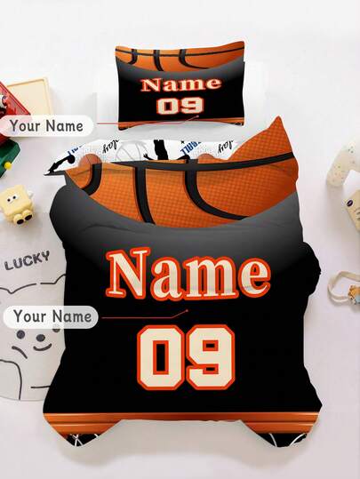 2PCS Custom Text Basketball Duvet Cover Set Reversible Print Sports Bedding For Kid/Teens, 100% Polyester Customized Name Bed Set