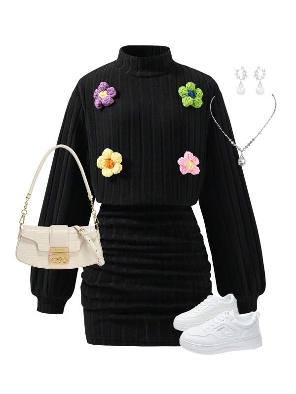 Robe tricotée avec décoration florale 3D, style automne/hiver pour filles. Jupe noire côtelée douce et ajustée