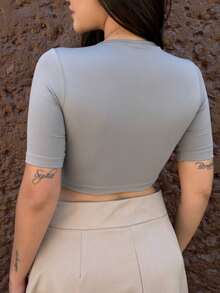 Cropped Blouse Short Sleeve Polyamide Suplex Round Neck Mia - Grey - View 2