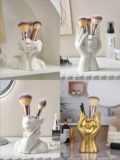 Resin Touch Face Makeup Brush Holder, Modern Design Decor, Gift For Women, Home Office Storage Rack, Bohemian Style Vase Centerpiece, Fashionable Home Living Room Entryway Coffee Table Decor, Living Room Bedroom Coffee Table Centerpiece, Mother's Day Gift, Graduation Gift, Decorative Figurine