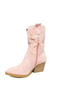 Campera botines de mujer,Botas botines de vaquero retro de alta calidad con diseño calado y cómodo tacón grueso con cremallera lateral estilo occidental - Rosa Pálido - Ver 2
