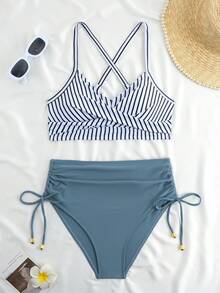 New Sexy High Waist Criss-Cross Strap Bikini Set For Women, Metal Pendant Decor, Adjustable Drawstring, Flattering Tummy Coverage - Blue and White - View 5
