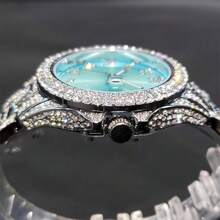Luxury Couples' Quartz Watch - Ice Blue With Rhinestone Accents, Luminous Arabic Numerals, Zinc Alloy Band & Case - 銀淺藍色 - 查看 3