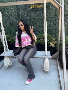 Ins Europe And America 2025 Summer Dopamine Sweet Style Pink Digital Print Cutout Loose Top Women's T-Shirt - 粉色 - 查看 4