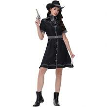 En stock Costume de cowgirl occidental pour femmes adultes, déguisement de fête d'Halloween et de carnaval, robe à boutons devant et poches zippées de couleur unie